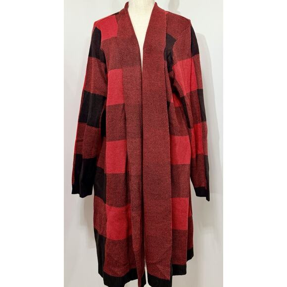 Woman Within Sweater Size 1X 22/24 Red Black Buffalo Plaid Knit Cardigan Holiday - Picture 1 of 3